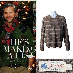 Vintage 2007 J.CREW100% Lambswool Brown V-Neck Tan Stripe Sweater Size L